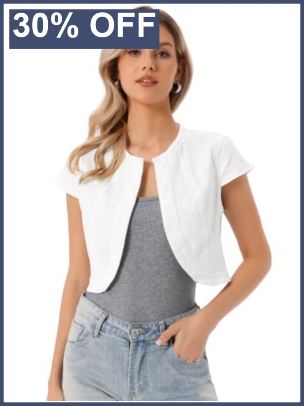 Short Sleeve Collarless Denim Jacket Cropped Jean Jacket